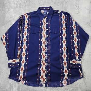 Wrangler Brushpopper Shirt‎ 2XL Aztec Southwest Geometric Pearl Snap Navy Blue
